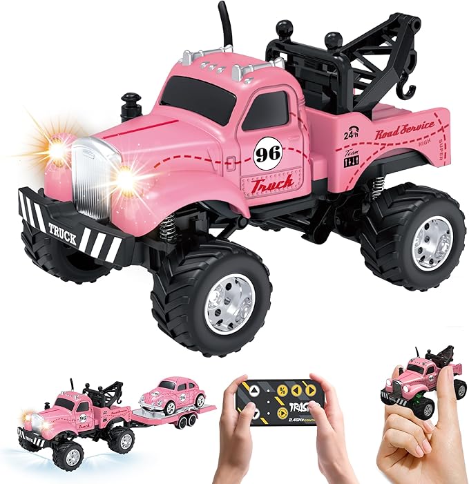 MOONTOY 1:64 Scale Mini Alloy Truck RC Car with LED Lights 2.4Ghz Remote and App Control Toy Car 3-Speed Adjustment Pocket Toy Car for Kids 4-8 Years and Adults (Pink)
