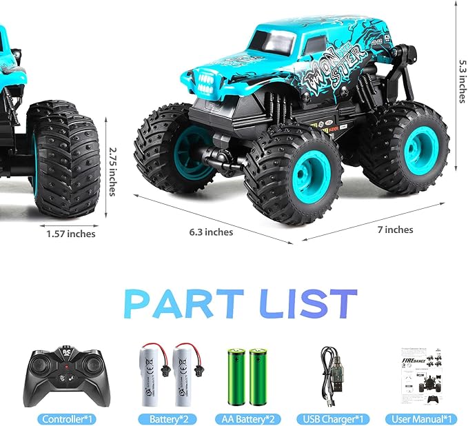 DYODYORC Remote Control Car 2.4Ghz All Terrain Shark Monster Truck Toys RC Truck with Music 3 Lighting Effects 360 Stunt Capable 2 Batteries Ready to Run Toy Gifts for Boys and Girls (Blue)