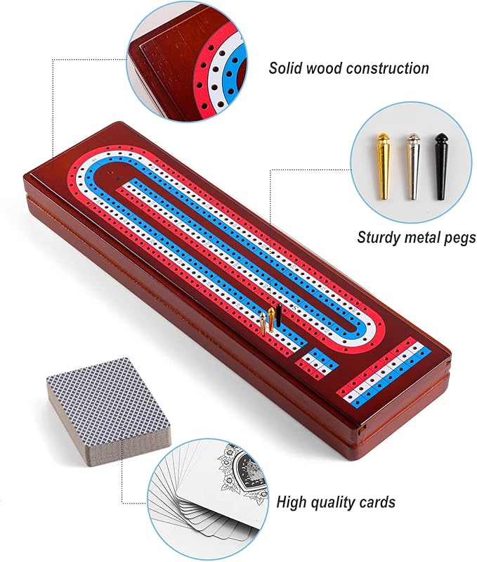 Cribbage Board Game Set with Large Storage Area Solid Wood 3 Track Cribbage Board 9 Metal Pegs 2 Playing Cards and Instruction. Travel Cribbage Sets for All Ages(Vintage Color).