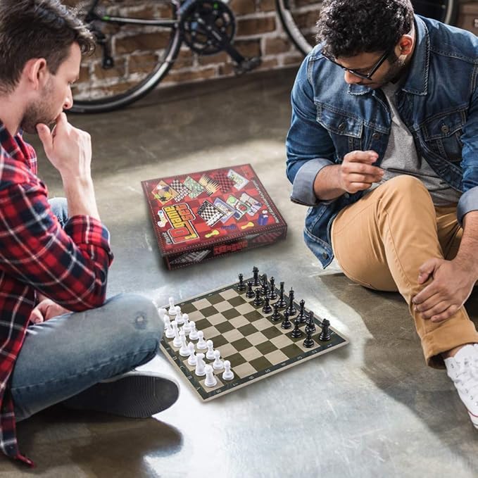Gamie 10 Board Games Set Classic Family Games for Kids and Adults Includes 5 Double Sided Playing Boards with Backgammon Chinese Checkers Snakes and Ladders Sorry Draught Racing Chess and More