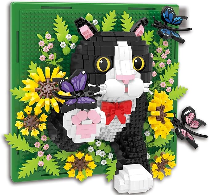 Flowers Tuxedo Cat Animal 3D Wall Art Micro Mini Building Blocks Set Unique Home Wall Decor or Table Display No Compatible with Lego Ideal Gift Toy for Adults &amp Boys Girls 14+ (1402 PCS)