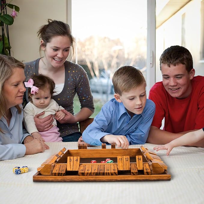 Upgraded 16.54’’ Shut The Box Dice Game with 15 Numbers for 1-4 Players Large Wooden Board Math Game 16 Dices Tabletop Games Kids Adults Family Party Birthday
