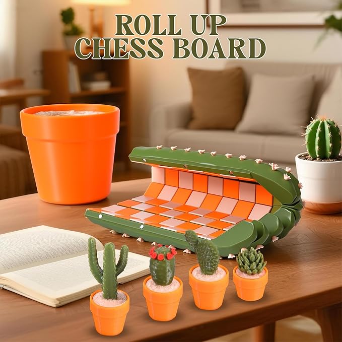 Cactus Chess Set - 3D Printed Cactichess - Roll Up Portable Travel Chess Board - Easy to Store Cactus Magnetic Chess Set Fun Chess Gift for Plant Lovers