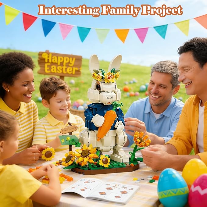 Easter Bunny Building Set with Carrot &amp Sunflower Base 1258 PCS Bricks Blocks Rabbit Model Compatible with Lego Easter Creative Easter Gift for Kids and Adults