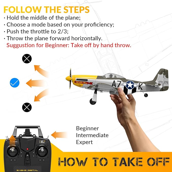 RC Airplane Brushless P51D Mustang RC Plane Ready to Fly Remote Control Airplane Fighter with 6-Axis Gyro 3 Flight Modes &amp Aerobatics 2.4GHz Radio Controlled Aircraft for Beginners Boys &amp Ad