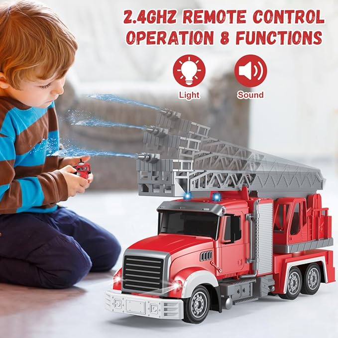 9 CH Remote Control Fire Truck Rc Fire Truck Toy Fire Truck with Lights Working Water Pump and Rotating Rescue Ladder 2.4G Firetruck Toy for Kids Boys Age 6-8 Gift