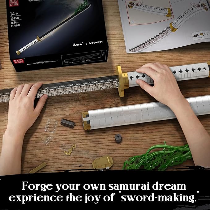 Mould King 10258 Anime Swords Building Blocks Set Rechargeable LED Light Sword for Adult Role-Playing - Zoro’s Wado Ichimonji Model with Display Stand &amp Scabbard