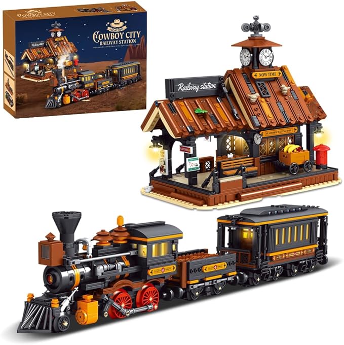 39117 Cowboy City Train Station Building Blocks with LED Lights 2640 PCS Western Railway Station &amp Steam Train Model Kit for Adults Wild West Architecture