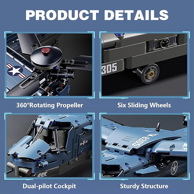 Military Helicopter Building Blocks SetFighter Jet Model ToysV-22 Osprey Army Airplane Kits with Ratoting PropellerSTEM Christmas Xmas Birthday Gifts for Adult Boys Teens 8-14 14+(1486PCS)