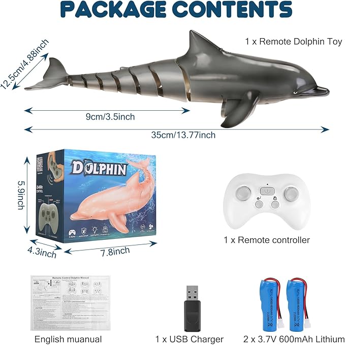 Remote Control Dolphin Toys for Kids 2.4G High Simulation Oceanic RC Dolphins Fish Toys for Swimming Pool Bathroom 2x600mAh RC Boat Water Toys Great for 6+ Year olds Boys Girls Kids Gray