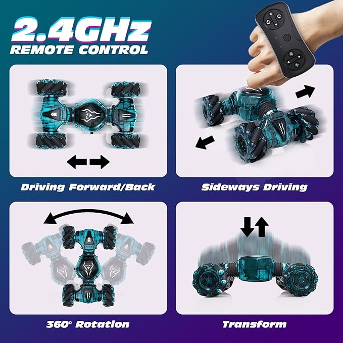 Tecnock Remote Control Car for Boys Girls 2.4GHz 4WD Gesture Sensing RC Stunt Car Toys - 360° Rotating Double Sided Hand Controlled RC Cars with LED Lights Gifts for Kids Ages 6-8 8-12