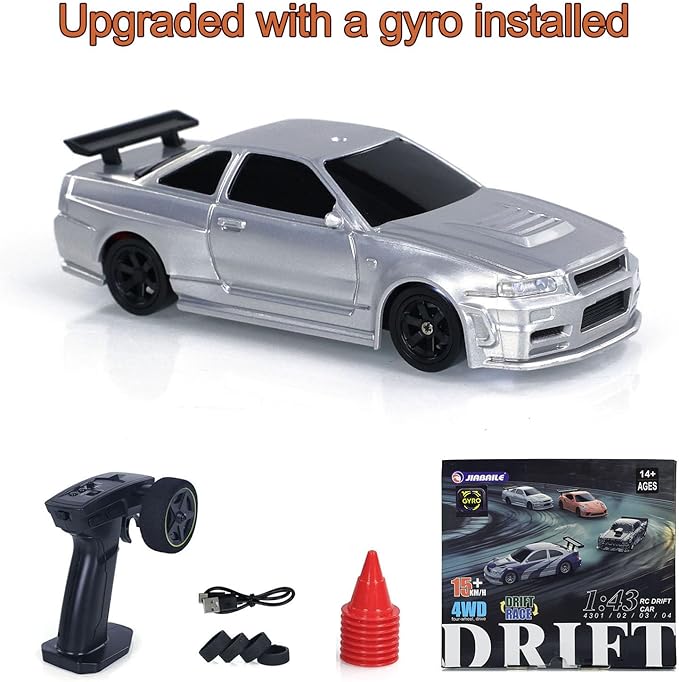 1/43 Full Scale RC Drift Race Vehicle with Gyro Edition 4WD Ready to Go Mini Racing Car Remote Control Car High Speed Model for Collection Gift Boys(Silver Gray)