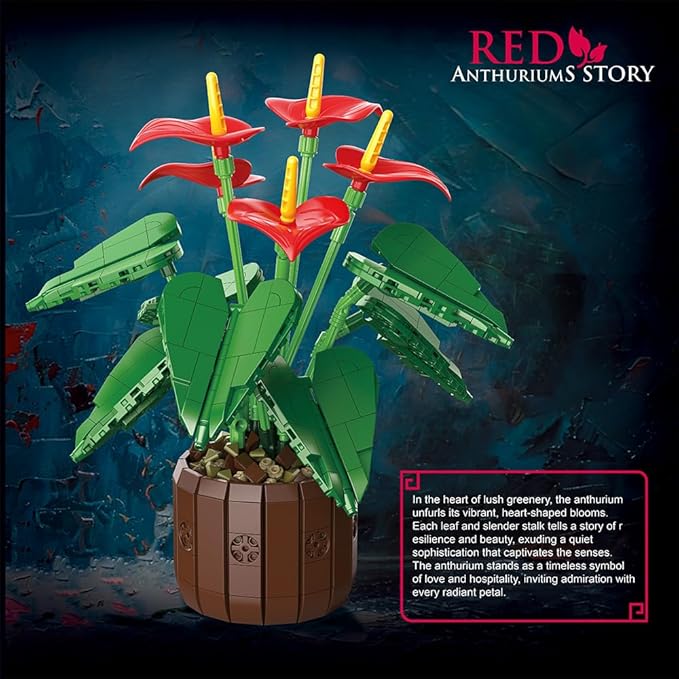 39120 Red Anthuriums Building Blocks Flower Set 732 Pieces of Floral and Plant Series Block Sets Adult Creative Enthusiast Model Gifts and Unique Collectibles Can be Used for Room Decoration