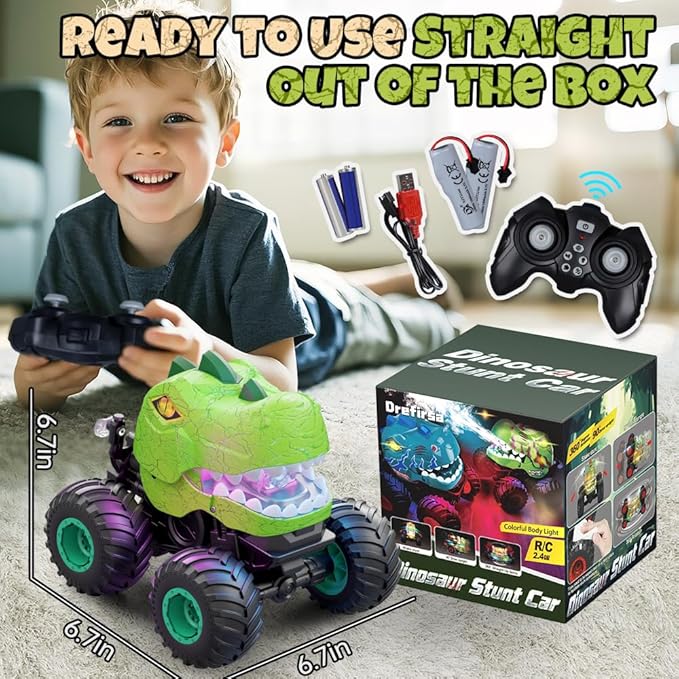 Remote Control Car for Boys Age 4-7 8-12 50min+ Runtime Dinosaur Monster Truck Toy with Spray Light Music Stunts Birthday Gift for Boy 3 4 5 6 7 8 9 10 Year Old