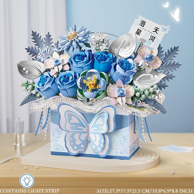 Flower Bouquet Building Blocks Model SetSimulation Artificial Rose Bonsai Plant Building Bricks ToysHandheld Gift Box Home Decor (Blue Butterfly)