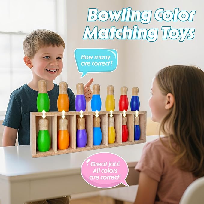 pamexin Family Games for Kids Wooden Bowling Color Matching Game with 7 Bright Pins and Storage Bag Family Board Games Party Birthday Gift Fun Party Game for Boys Girls
