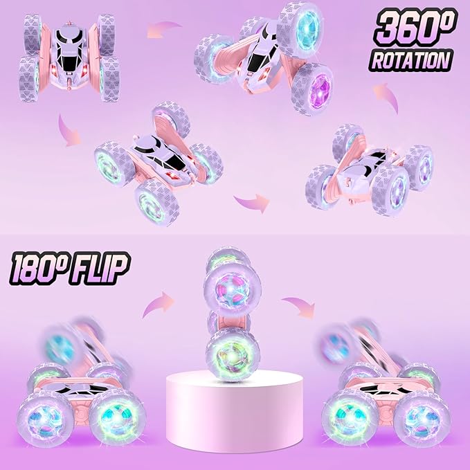 Remote Control Car Double Sided 360°Rotating 4WD RC Cars with Sparkling LED Wheels 2.4GHz Electric Race Stunt Toy Car Rechargeable Toy Cars for Boys Girls Birthday Valentines Gift