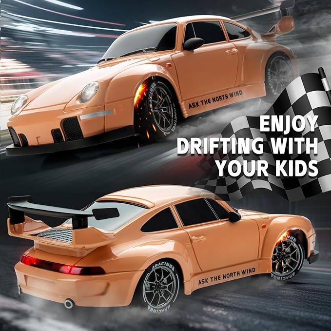 RC Drift Car 1:24 Scale Remote Control Vehicle with LED Lights 2.4GHz 20KM/H 4WD High Speed RC Cars Drifting Tires＆Two Batteries. (Orange)