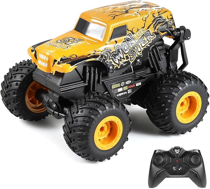 DYODYORC Remote Control Car 2.4Ghz All Terrain Monster Truck Toys RC Truck with Music 3 Lighting Effects 360 Stunt Capable 2 Batteries Ready to Run Toy Gifts for Boys and Girls (Yellow)