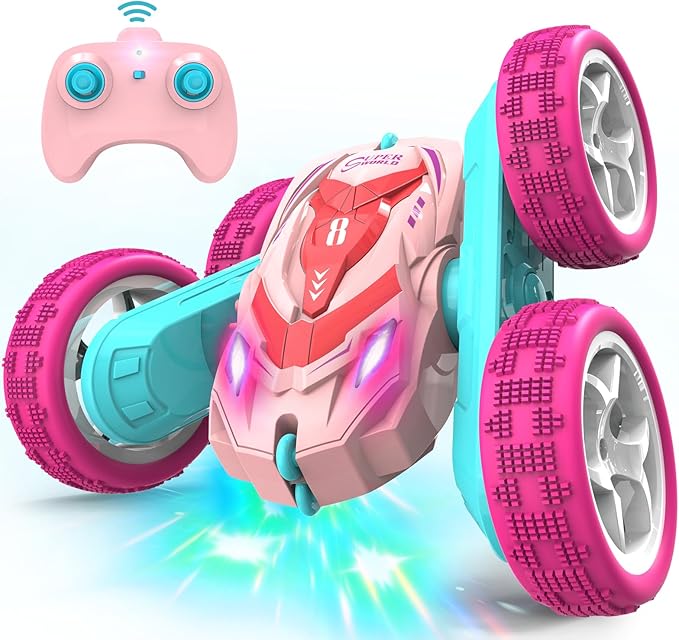 RC Stunt Cars Remote Control Car Double Sided 360° Flip Rotating 4WD 2.4Ghz Rechargeable Car Toy with Headlights For Outdoor &amp Indoor for 6-12 years old Kids Girls Boys Birthday Xmas Gift Pink