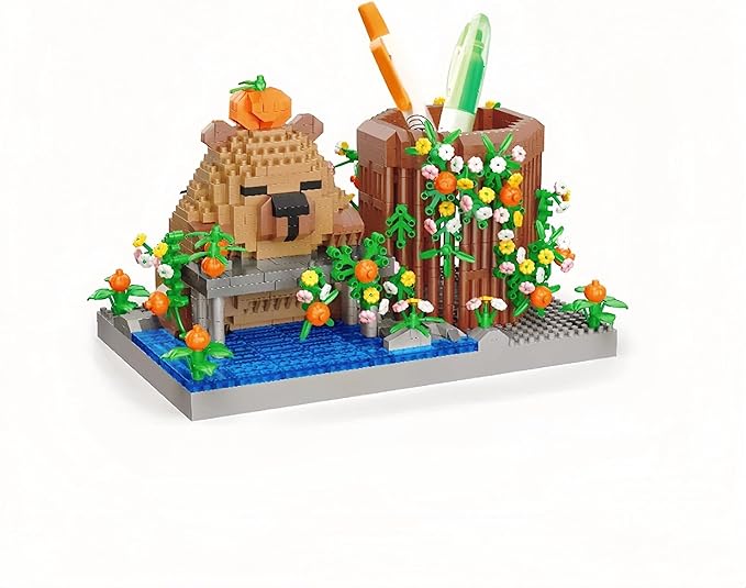 Reading Cute Capybara Desktop Decor - Micro Mini Building Block Toy Pen Holder Animal Style with Flower Perfect as a Gift Representing Love for Learning