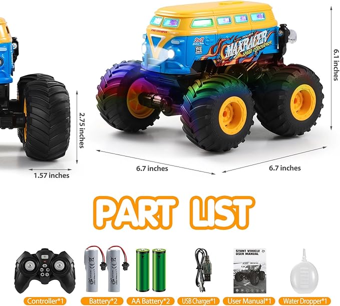 DYODYORC Remote Control Car 2.4Ghz All Terrain RC Monster Truck Toys with Spray Music 3 Lighting Effects 360 Stunt Capable All Included Ready to Run Toy Gifts for Boys and Girl (Yellow)