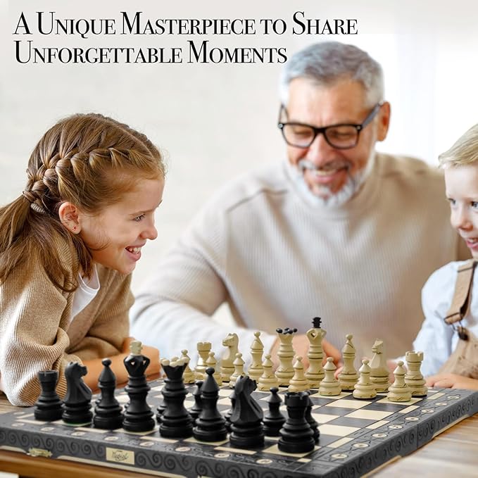 Wegiel Imperator 21-Inch Luxury Wooden Chess Set for Adults and Kids - Handcrafted from Premium Beech and Birch Wood - Unique Folding Design with Chess Piece Storage BlackImperator - Black