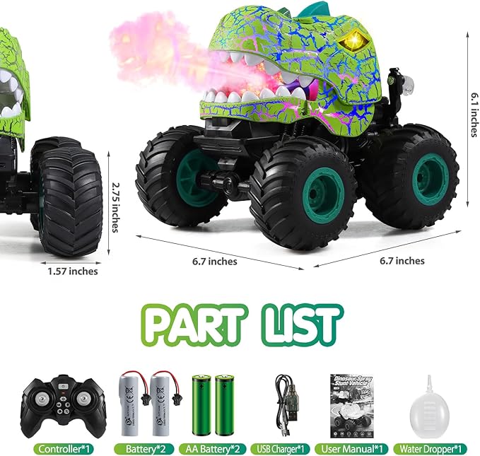 DYODYORC Remote Control Car 2.4Ghz All Terrain Dinosaur Monster Truck Toys RC Truck with Spay Music 3 Lighting Effects Stunt Capable Toy Gifts for Boys and Girls (Green)