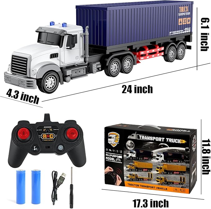 Remote Control Semi Truck with Trailer -24 Inch Semi Truck Toy for Kids1:24 Container Truck with LED Lights &amp Music Great Gift for Boys Girls
