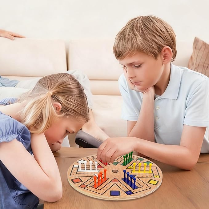 Wooden 3-6 Players Board Game Set with 48 Pieces and 4 Dice 13.7 Inch Painted Wooden Board Game for Adult Teen Family (6 Colors)