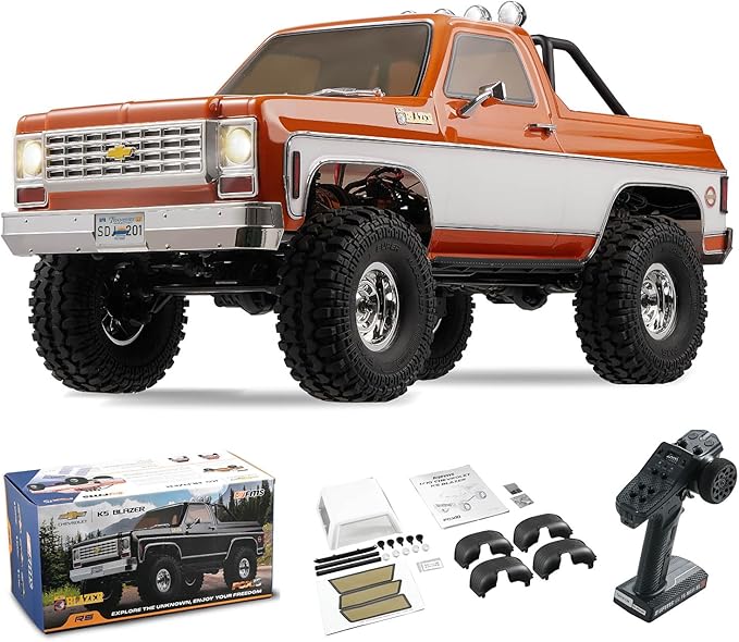 FMS 1/10 RC Crawler FCX10 Chevy K5 Blazer Officially Licensed Car Model RC Pickup Truck Hobby RC Offroad Rock Truck DIG/4WD/FWD 11CH 2.4GHz Remote Control Car for Adults Included RS (Orange)
