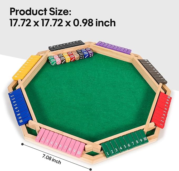 Vamslove Upgraded 2-8 Players Shut The Box Dice Game-Colorful 8-Way Wooden Board Table Math Game with 16 +6 Dices - Close The Box for Kids Adults Families Party Club (Instruction Included)