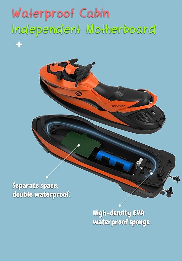 2.4 GHz RC Motorboat for Kids &amp Adults 10 km/h High-Speed Dual-Motor Electric Racing Jet Ski Toy 50 m Range 20 min Play Low-Battery Alarm Pool &amp Lake Ready (Blue)