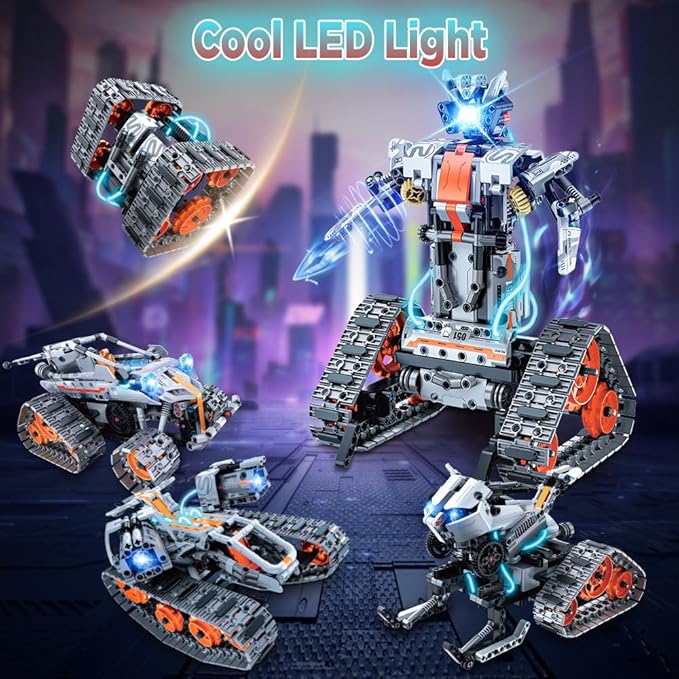 HOGOKIDS 5 in 1 STEM Building Set with LED Light - APP &amp Remote Controlled Cars Building Toys Kit RC Robot Tank Sleigh Tracked Racer 604 PCS Toy Gifts for Kids Boys Girls Ages 6 7 8 9 10 11 12+