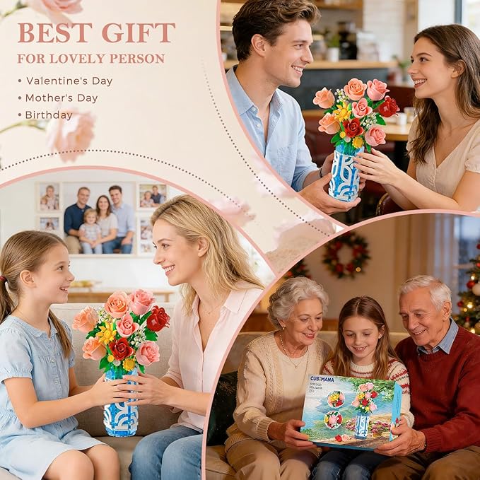 14 Flowers Bouquet Building Set with Vase and LED Light Easter Gifts for Family Friends 747 PCS Mini Roses Flower Building Blocks Toy Artificial Roses Flowers Home Decor &amp Display