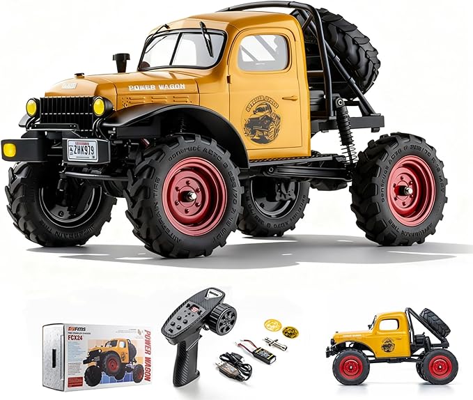 BEEZRC FMS RC Crwaler 1/24 Scale FCX24 Power Wagon RTR V2 4WD 2.4GHz 3CH Offroad RC Car Model Vehicle Hobby Grade Remote Control Car(Yellow)