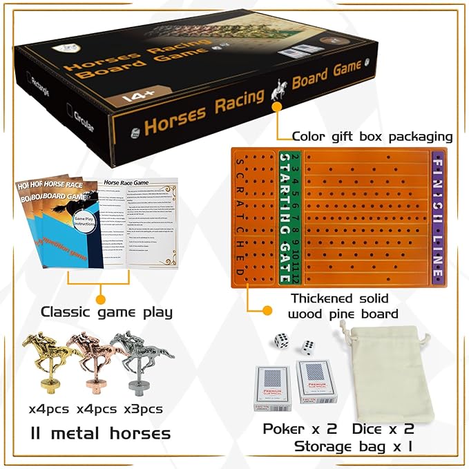 Horse Race Board Game Racing Game Thickened Solid Wood with 11 Luxurious Durable Classic Metal Horses with 4 Dice and 2 Boxes of Cards Horse Racing Game (Red Peach Rectangle