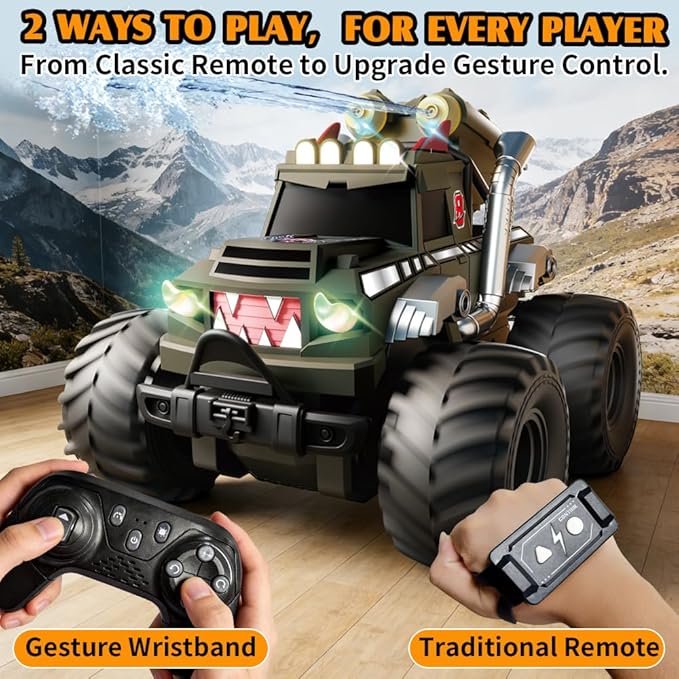 Dual Remote Control RC Car with Magic Gesture Wristband &amp 40+ Min Play 1:18 Fully Submersible Waterproof All Terrain 4WD Monster Truck Amphibious Toy Crawler Gift for Boys Girls Ages 6-12-Green