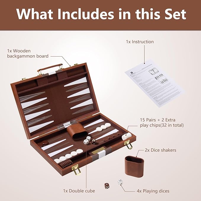 Backgammon Sets for Adults - 11 inch Classic Board Games for 2 Players Adults - Small Travel Backgammon Strategy Game Set with Premium Leather Case - Portable Backgammon Set Brown