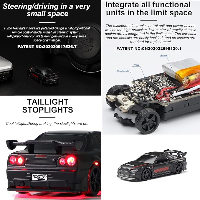1:76 Turbo Racing Scale RC Sport Car Table Racing Remote Control Mini Model Car Full Proportional RTR Kit Toys (C74-black)