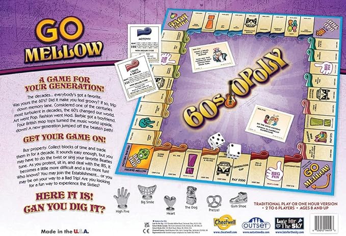 60s-Opoly Board Game - A Fun Property Trading Game Celebrating the Cultural Decade! - for 2 to 6 Players Ages 8 and up