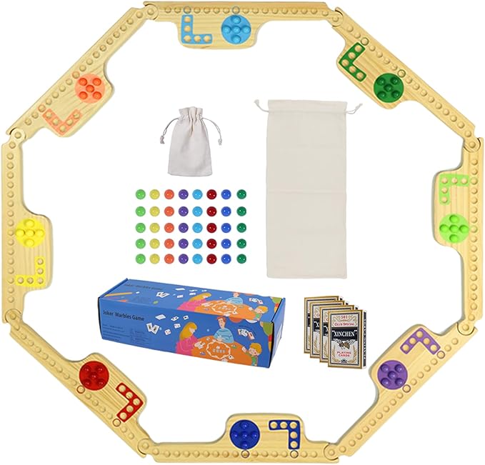 Jokers and Marbles Board Game - Wooden Travel Game for 2-8 PlayersCard and Marble Gamewith 8 Game Boards 4 Cards 40 Marble - for Travel &amp Parties and Family Nights