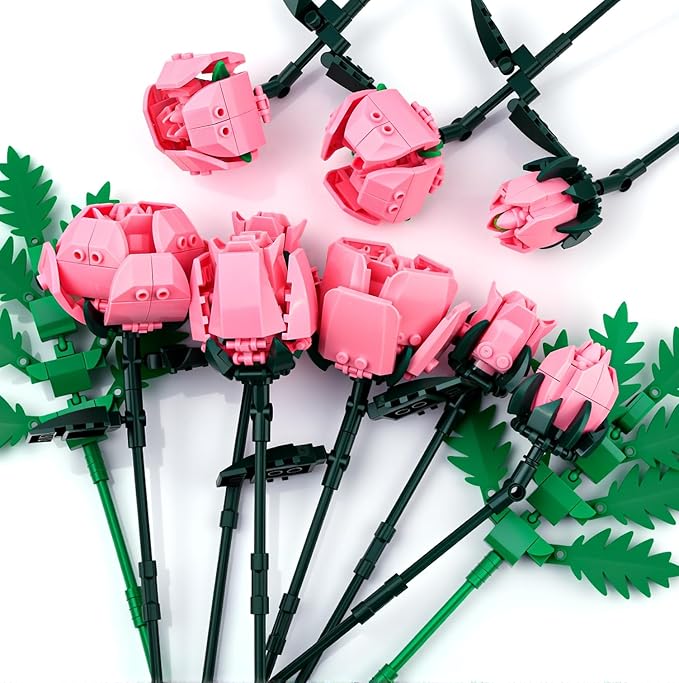 Pink Rose Flower Building Set-10pcs Roses &amp 2pcs Leaves Botanical Collection Artificial Flowers for Home Décor Rose Bouquet Building Kit for Valentine’s Day Christmas Birthday Anniversary (No Va