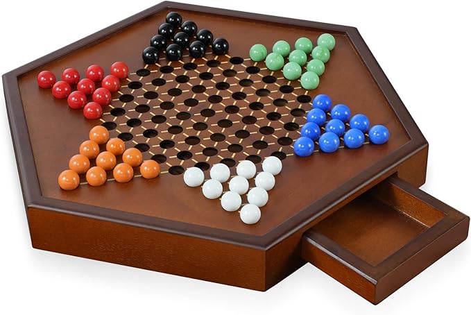 15 Large Upgraded Wooden Chinese Checkers Game Board – Premium 16mm Glass Marbles (60 + 12 Extras) Easy Grip Storage Drawer Ideal Multi-Player Puzzle Game for 2-6 Players