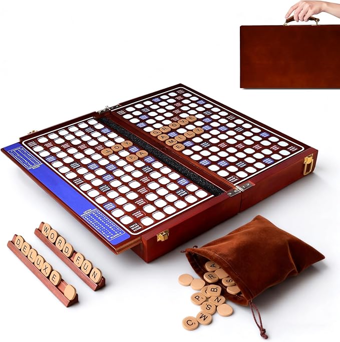 Deluxe Crossword Board Game with Rotating Board Foldable &amp Portable Design Large-Sized Board Built-in Storage for 2-4 Players Includes: Letter Tiles Wooden Racks Scorepad Set Hourglass