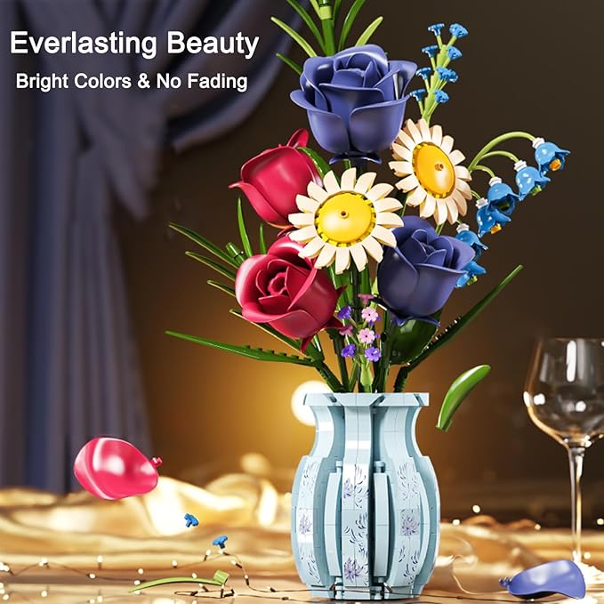 Flower Bouque Building Set with Vase 787 PCS Botanical Collection Building Block Toy Roses Sunflower Artificial Flowers Home Decor Gift for Adults Kids 12+