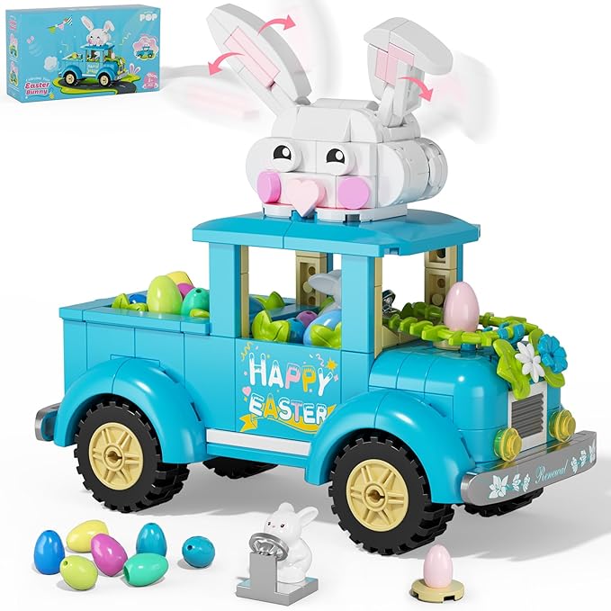 Easter Bunny Egg Harvest Truck Building Toy Set - Cute Rabbit Driver Movable Ears &amp Rolling Wheels Creative Removable Egg Easter Decoration Gifts for Kids Adults Boys Girls 8+