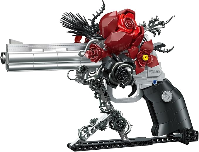 Guns &amp Petals Decorative Revolver Building Blocks with Red Roses Silver and Black Colored Art Sculpture Gothic Style Display Piece
