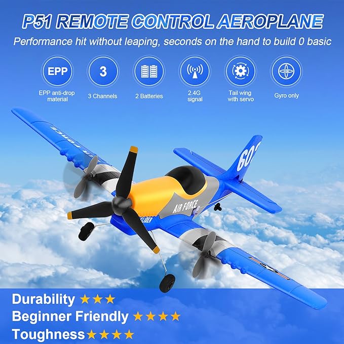 RC Plane 3-Channel 2.4GHZ RC Airplane P51D Mustang Fighter with 2 Batteries KF602 Remote Control Plane Gyroscopes Stabilization System Easy to Fly Suitable for Beginners Kids Adults