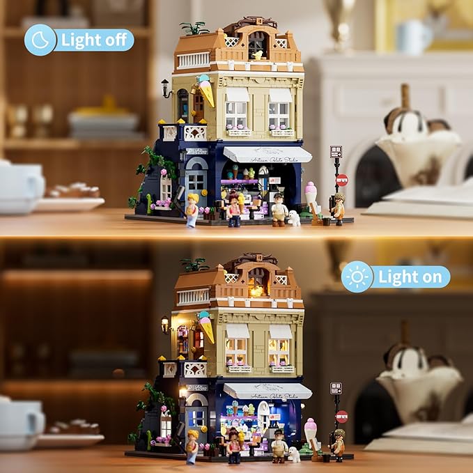 FUNWHOLE Gelato-Store Lighting Building-Bricks Set - City Town Ice Cream Shop LED Light Modular Collection Kit 1948 Pcs Display Model for Adults and Dessert Lovers